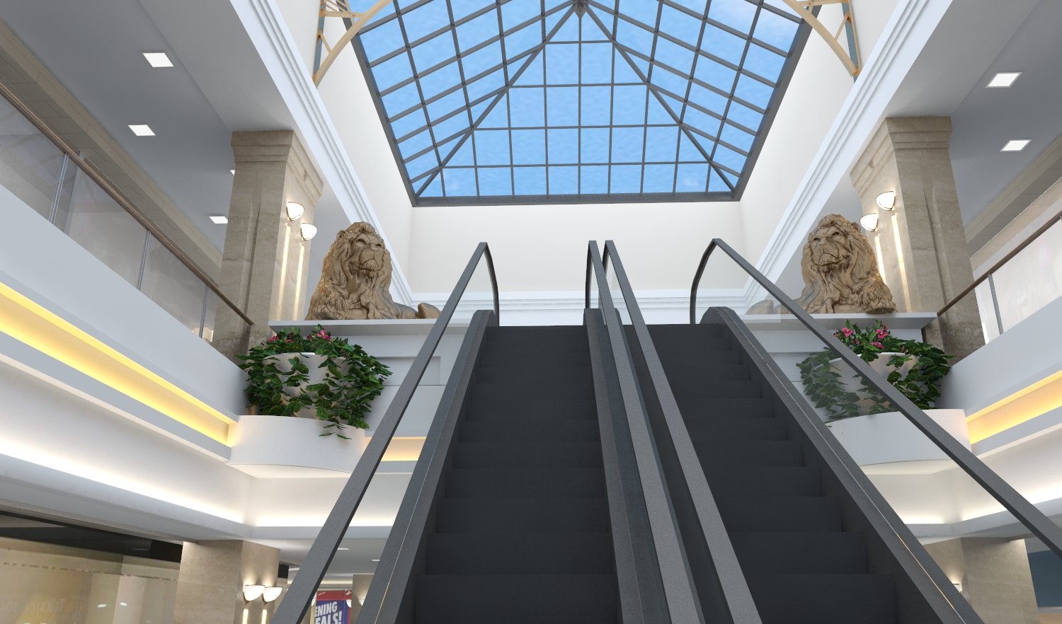 Декоративные скульптуры львов встречают посетителей ТРЦ «Mega Mall Armenia» при подъеме на второй этаж.